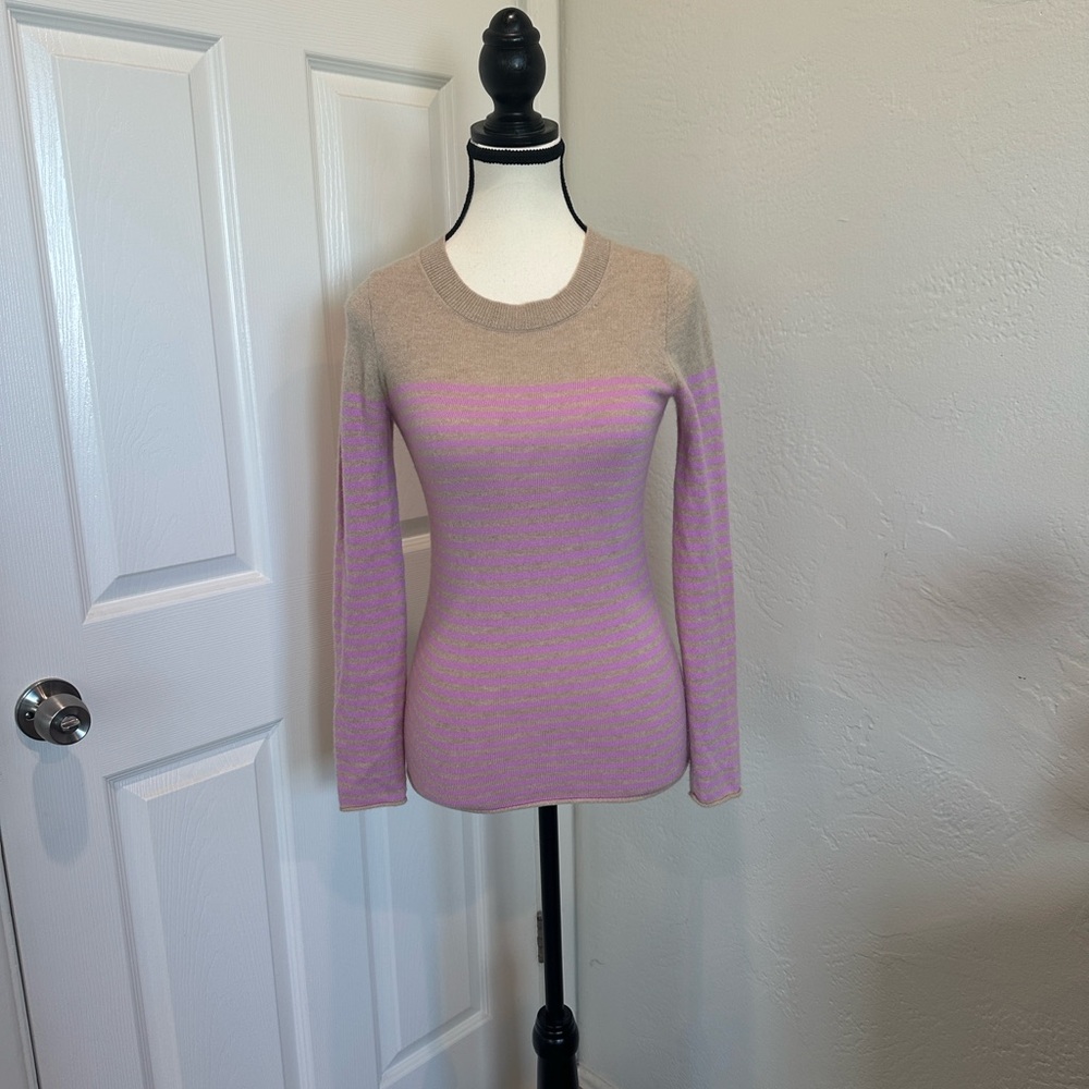 J. Crew Cashmere Sweater in Light Tan with Pink Stripes